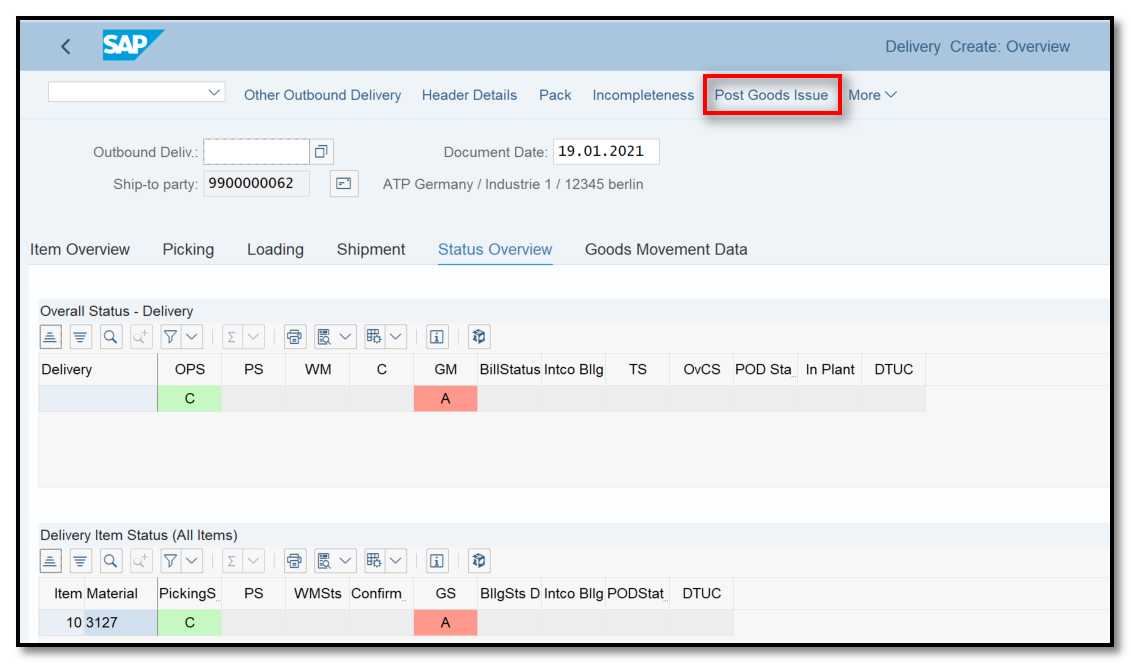 Figure 6 Free of Charge Delivery Creation: Post Goods Issue